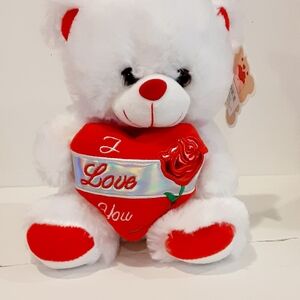 White and Red Teddy Bear Plush Valentine  Teddy Bear Holding Heart. NWT